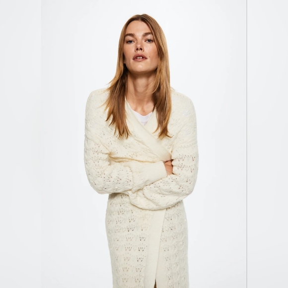Mango Open Front Weave Beige Maxi Duster Sweater Long Knit Soft Womens Small - Picture 13 of 13
